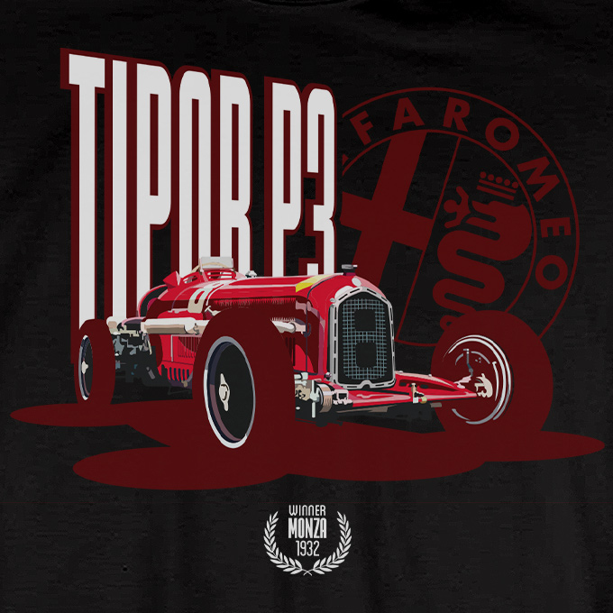T-shirt Alfa-Romeo Tipo B P3 de Tazio Nuvolari Negra detalle