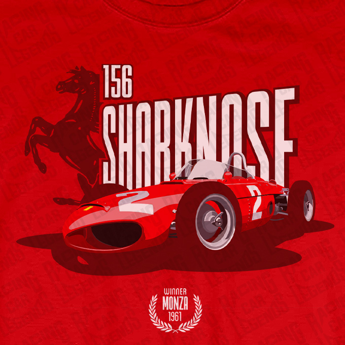 T-shirt of Phil Hill Ferrari 156 Sharknose in red detalle