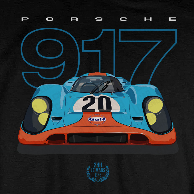 Camiseta Porsche 917K Gulf Negra detalle