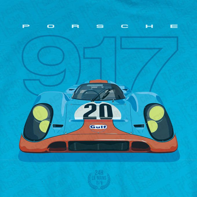 Camiseta Porsche 917K Gulf Azul detalle