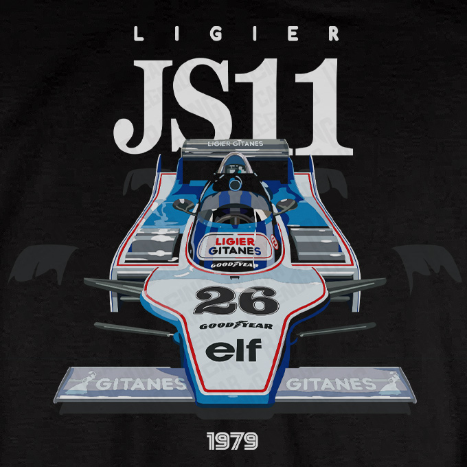 T-shirt Ligier JS11 Jacques Laffite Negra detalle
