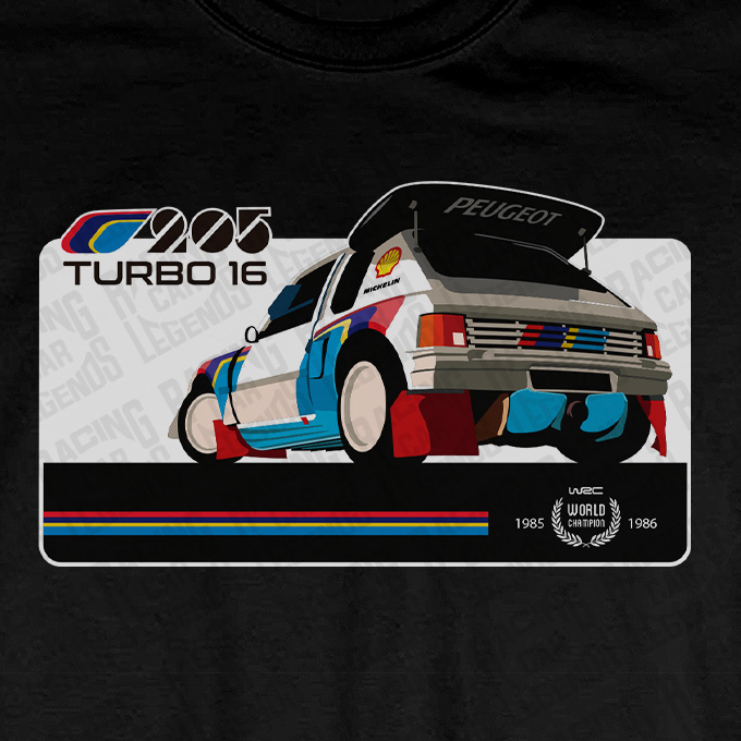 Camiseta Rally Peugeot 205 Turbo16 Negra detalle